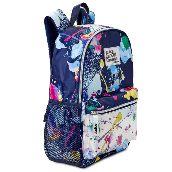 Girls 17" Justice Backpack Iridescent Blue Multi-Color Splatter - Picture 2 of 9